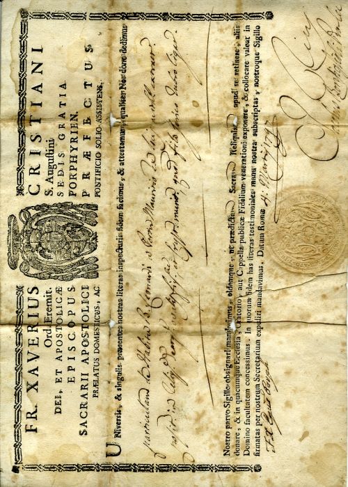 FR. XAVERIUS CRISTIANI Ord. Eremit. S. Augustini ... EPISCOPUS PORPHYRIEN. SACRARII APOSTOLICI PRAEFECTUS PRAELATUS DOMESTICUS, AC PONTIFICIO SOLIO ASSISTENS. ...