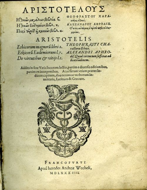 Ethicorum magnoru libri 2., Ethicoru Eudemiorum l. 7., De virtutibus et vitijs l. 1., Theophrasti Charakteres Ethici, Alexandri Aphrodis. Quod virtus non sufficiat ad beatitudinem.