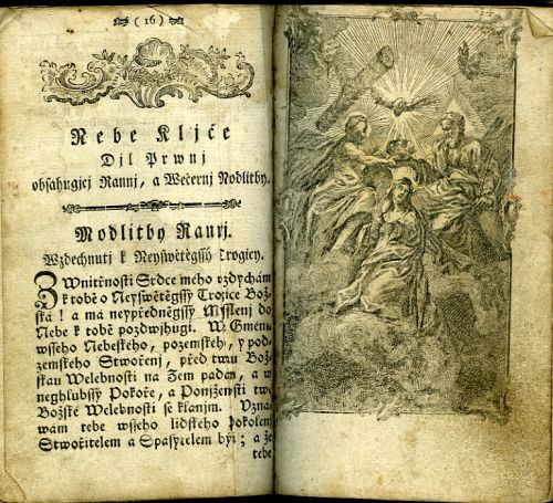 [Zlatý/ Nebesky Kljč/ neb/ Wraucné katolické/ Modlitby/ na/ Ssestnáct Djlu rozwržené Rannj a We=černi, při Mssy a Nesspornj, Spowědlnj a/ k Přigjmánj Modlitby; gakož take Modlitby k/ negswětěgssy Swátosti Oltářnj, a k Trogicy swaté, ku Kry-/stu Pánu, a geho Vmučenj, k Matce Božj Maryi Panně/ a giným Swatym, na wssecky wegročnj Slawnosti, a giné/ obwzlásstnj Dni, w obecných a wlastnjch Potřebách a Důle=/ žitostech, za swětské a duchownj Panny, za těhotné a kagjcy/ Ženy, za nemocné a vmjragjcy Osoby, a naposledy/ za Dussyčky očistcowé se obsahugjcý./ A to k obwzlásstnjmu Vžjwánj a Potěssenj/ Pobožného Ženského Pohlawj,/ od/ Gednoho Kněze Ržádu Kapucýnského w/ německým Gazyku složené, od giného/ téhož Ržádu w Cžesstinu vwedené./ Nynj pak/ s obzwlásstnjm Powolenjm a Dobrořeřenjm/ C. K. Cenzury co negbedliwěgi oprawené/ a wytisstěné.] 