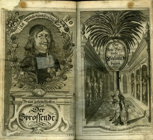 Der Neu=Sprossende Teutsche Palmbaum. Oder Ausführlicher Bericht, Von der Hochlöblichen Fruchtbringenden Gesellschaft Anfang, Absehn, Satzungen, Eigenschaft, und deroselben Fortpflantzung, mit schönen Kupfern ausgezeihret, samt einem vollkommenen Verzeichnüsz, aller, dieses Palmen=Ordens Mitglieder Derer Nahmen, Gewächsen und Worten, hervorgegeben Von dem Sprossenden.