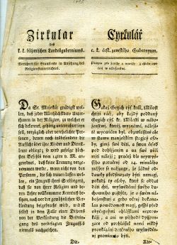Cyrkulář c. k. česk. zemského Gubernyum. Předpis pro ženichy a newěsty z ohledu cwičenj w náboženstwj.