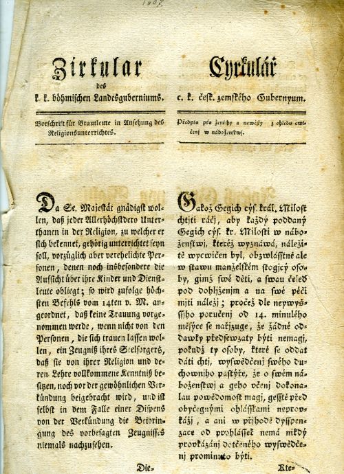 Cyrkulář c. k. česk. zemského Gubernyum. Předpis pro ženichy a newěsty z ohledu cwičenj w náboženstwj.