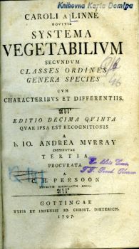 CAROLI A LINNÉ EQVITIS SYSTEMA VEGETABILIVM SECVNDVM CLASSES ORDINES GENERA SPECIES CVM CHARACTERIBVS ET DIFFERENTIIS. EDITIO DECIMA QVINTA QVAE IPSA EST RECOGNITIONIS A b. IO. ANDREA MVRRAY INSTITVTAE TERTIA PROCVRATA A C. H. PERSOON PLVRIVM SOCIETATVM SOCIO.