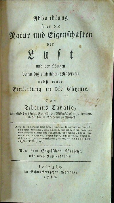 Abhandlung über die Natur und Eigenschften der Luft und der übrigen beständig elastischen Materien nebst einer Einleitung in die Chymie.