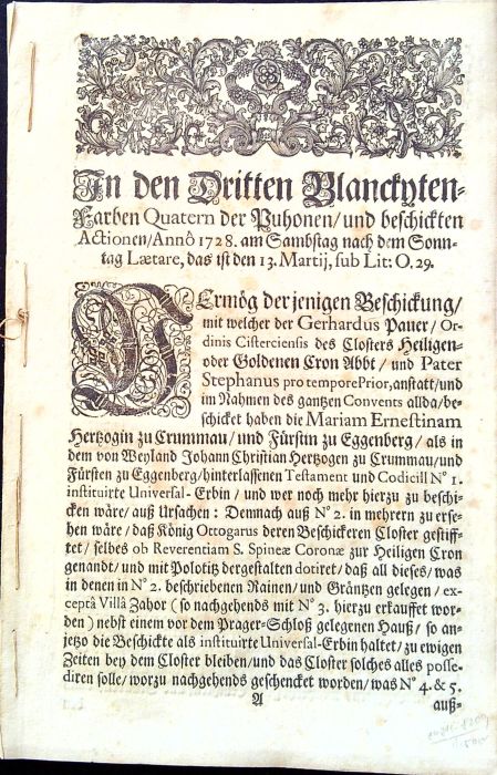 In den Dritten Blanckyten Farben Quatern der Puhonen/ und beschickten Actionen/ Anno 1728. am Sammstag nach dem Sonntag Laetare, das ist den 13. Martii, sub Lit: O. 29.