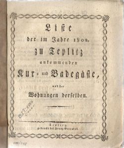 Liste der im Jahre 1802. zu Teplitz ankommenden Kur = und Badegäste, und der Wohnungen derselben.