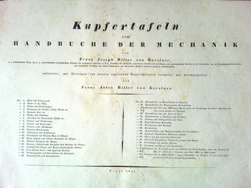 Kupfertafeln zu dem Handbuche der Mechanik von Franz Joseph Ritter von Gerstner,... aufgesetz, mit Beiträgen von neuern englischen Konstruktionen vermehrt und herausgegeben von Franz Anton Ritter von Gerstner. Band I-III.