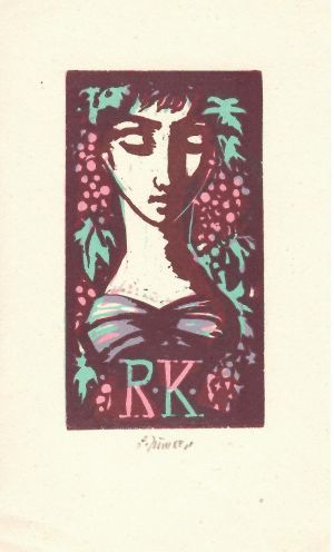 Hlava s vinnými hrozny (viněta na víno pro Rudolfa Klinkovského) - Jiřincová, Ludmila