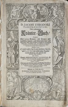 D. JACOBI THEODORI TABERNAEMONTANI Neu vollkommen Kräuter=Buch/ Darinnen Uber 3000. Kräuter/ mit schönen und kunstlichen Figuren/ auch deren Underscheid und Würckung/ samt ihren Namen in mancherley Sprachen/ beschrieben: Deßgleichen auch/ wie dieselbige in allerhand Kranckheiten/ beyde der Menschen und des Viehs/ sollen angewendet und gebraucht werden/ angezeigt wird. Erstlichen durch CASPARUM BAUHINUM, D. und Profess. Basil. mit vielen neuen Figuren/ nutzlichen Artzneyen/ und anderem/ mit sonderem Fleiß gebesseres: Zum Andern Durch HIERONYMUM BAUHINUM, D. und Profess. Basil mit sehr nutzlichen Marginalien, Synonimis, neüen Registeren und anderem vermehrt. Und nun vierdten mahl aufs fleissigst übersehen/ an unzahlbaren Orten absonderlich verbessert/ an scheinbaren Mängeln durchaus ergäntzt/ und endlichen zu hochverlangter Vollkommenheit gebracht. Theil 1-3 (komplet).