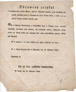 Obnowený zatykač k pronásledowánj Hynka Worla, obyčegně Worljček zwaného, genž usnessenjm býwalého hrdelnjho saudu w Chrudjmi ode dne 4. Dubna 1850, č 1474 crim. ze zločinu krádeže práwně obwiněn gest.