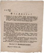 Zatykač k stjhánj Matěge Richter=a, který byl při krádeži w noci mezi 9. a 10. Srpnem 1850, zpáchané na winopalnjku Možjssi Pachnerowi w Jetřichowicjch dostjžen a zatknut, wssak ale z wězenj c. kr. okresnjho úřadu Pacowského, podkopánjm=se pod zeď, w noci mezi 27. a 28. Srpnem t. r. uprchl. - 