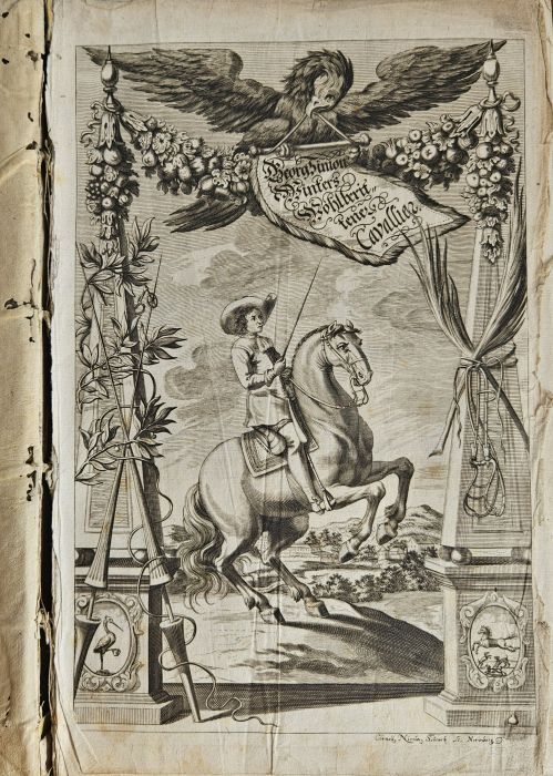 Wolberittener Cavallier: Oder Gründliche Anweisung Zu der Reit= und Zaum = Kunst/ In Zwey Theile abgefasst: Deren Erster Nicht allein einen jungen Cavallier belehrt/ mit Rittermässiger Zier=und Wolständigkeit auf=undabzusitzen/ und in allen Reuter=Lectionen die Vollkommenheit zu erwiesen/ dessgleichen im Ring=Rennen/ und andren adelichen Exercitien zu Ross/ die behörige Geschicklickeit zu leisten; sondern auch den Damen mit Bericht aufwartet/ wie si sich/ zum Spatzier=oder Land = Ritt füg = und zierlichst aben zu bequemen: Der Andre aber Weiset/ wie man so wol ein rohes und unberittenes/ als ein Schiess=Pferd/ abrichen müsse; giebet auch dabeneben insonderheit/ von der vollkommen Zäumung der Pferde/einen ausführ=und wolbegreifflichen Unterricht. Aus langer und eigner Erfarung/ von obbemeldten Authore aufgesetz/ auch fleissiger und geneauer/ weder sonst bishero von jemanden/ bescrieben/ dazu mit gar seltenen/ vorhin nie gesehenen/ sondern von Ihm allererst erfundenen/ Figuren/ beleuchte